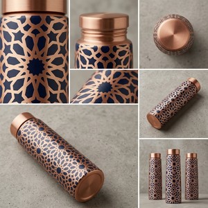 Bouteille d'eau artisanale en cuivre pur de qualité supérieure, motif géométrique gravé au laser, vaisselle ayurvédique pour la santé, anti-fuite, bien-être - Product Image 6