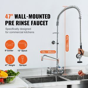Robinet de cuisine mural en laiton poli, hauteur 47 po, entre-axe 8 po, bec de pré-évier rotatif de 12 po - Product Image 3