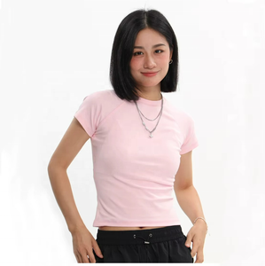 Top Corto Básico Ajustado de Algodón y Spandex para Mujer, Camiseta Corta con Costuras - Product Image 1