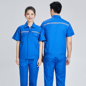 Combinaison de travail bleue à manches courtes, uniforme en coton respirant, vêtements de travail unisexes avec bandes réfléchissantes - Product Image 2