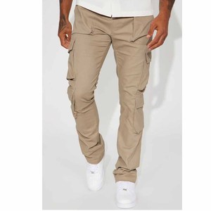 Pantalon cargo pour homme en toile de coton beige, plusieurs poches, décontracté, taille mi-haute, coupe droite, respirant, idéal pour le printemps - Product Image 1