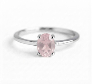 Rhaya Jewels 925 Sterling Silver Rhodium-Plated Unisex Oval Cut <b>Rose</b> <b>Quartz</b> Prong Set Solitaire Engagement Wedding <b>Ring</b> - Product Image 1