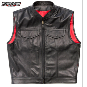 Gilet de motard pour homme en cuir véritable noir, style vintage, imperméable, écologique, fermeture éclair sur le devant, sans manches, vente en gros - Product Image 1