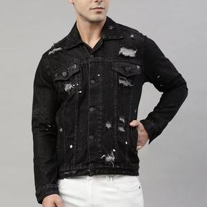 Custom <b>Black</b> Distressed Denim Jacket Wholesale <b>Paint</b> Splatter Accents Button Flap Chest Pockets Button Closures OEM USA Bulk Co - Product Image 6