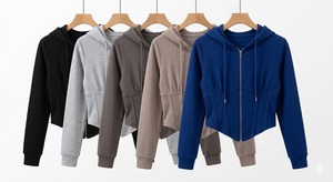 Sudadera de punto con capucha y cremallera para mujer, manga larga, asimétrica, color liso, transpirable, de algodón y elastano, estilo corto a la moda - Product Image 4