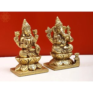 Sculpture en laiton faite à la main de 3 pouces Lakshmi Ganesha assis sur un piédestal de lotus petite statue élégante - Product Image 2