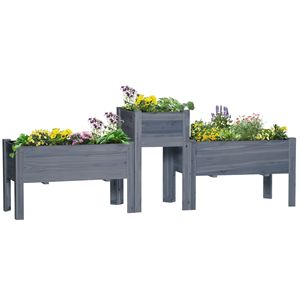 Set di 3 Fioriere Rialzate Classiche in Legno Grigio con Gambe per Orto, Erbe Aromatiche, Balcone, Giardino e Patio - Product Image 1