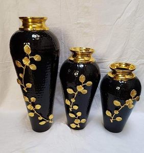 Elegant Luxury Matte Iron or Aluminum Flower <b>Vase</b> <b>Set</b> Gold Rim Embossed Floral Design Cylinder Shape Modern Tabletop <b>Vase</b>. - Product Image 2