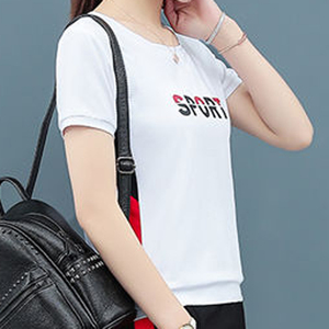 T-shirt de sport pour femme, violet, manches courtes, col rond, coupe classique, en polyester tricoté respirant, imprimé lettres, printemps-été - Product Image 2