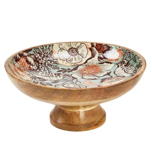 Bol de service en bois fait main moderne avec motif floral et base surélevée pour la présentation des aliments - Product Image 1