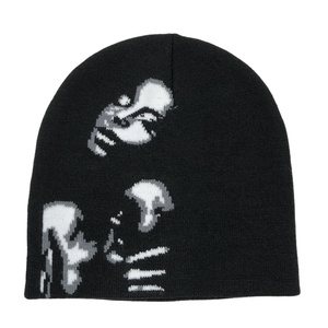 Gorro de invierno con diseño de calavera desplegado Unisex OEM, gorro personalizado sin pliegues, diseño completo de Jacquard, cuero negro colorido con puños, nueva impresión personalizada - Product Image 2