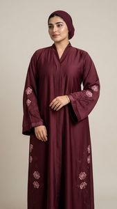 Elegant Navy Blue Embroidered Abaya With V Neck Long Sleeve Floor Length Modest Dress For Women Daily Wear - Product Image 2