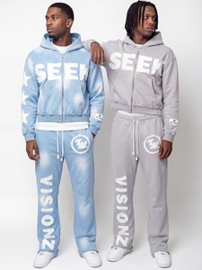 Ensemble de survêtements pour hommes : sweat à capuche et pantalon de jogging délavé à l'acide, avec patchs effet usé - Product Image 1