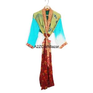 Bata Kimono de Seda 100% para Mujer, Elegante, con Diseño de Parches, Cuello en V, Manga Larga, Cierre con Cordón, Tejido Transpirable, Multi-Temporada - Product Image 1