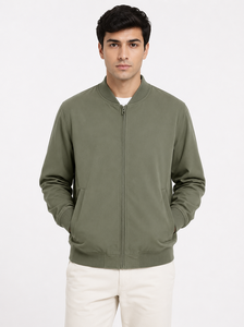 Blouson Bomber Homme Premium Vert Olive Uni en Toile, Coupe-Vent Léger Décontracté Classique avec Fermeture Éclair et Col Montant - Product Image 1