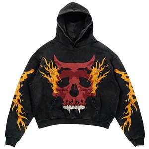 Sudadera con Capucha Gráfica Personalizada OEM para Hombre, Estilo Vintage Lavado, Estampado de Calavera Flameante, Top de Streetwear, Sudadera con Capucha Gráfica para Hombre - Product Image 6