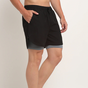 <b>Men</b> <b>Black</b> Grey 2 in 1 Double Layer Gym <b>Shorts</b> Compression Inner Lining Side Pockets Drawstring High Quality Customizable - Product Image 1