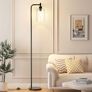 Lampe de sol LED industrielle avec abat-jour en verre, finition noire, montage facile et interrupteur à pédale - Product Image 2