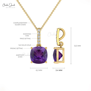 Popular Products 6mm Cushion Cut African Amethyst Dangling <b>Pendant</b> with 14k <b>Solid</b> <b>Gold</b> Diamond Accent Wedding Gift <b>Pendant</b> - Product Image 4