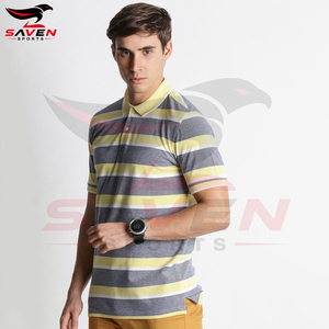 Polo rayé pour homme, fournisseur OEM ODM, manches courtes, jaune gris, coton, chemise de golf avec logo imprimé personnalisé - Product Image 4