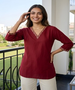 Rich Look Roman Silk Embroidery <b>Top</b> <b>Maroon</b> V Neck 3/4 Sleeve Women Ethnic Wear Wedding Party Traditional Style 85190 VAAZI-1061 - Product Image 1