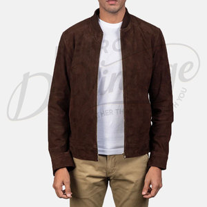 Chaqueta Bomber de Cuero de Gamuza Marrón Oscuro Premium para Hombre - Corte Ajustado, Piel de Cabra Genuina Suave, Ropa Exterior Casual Estilo Varsity - Product Image 1