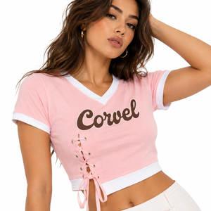 Camiseta de mujer estilo diseñador con cordones, rosa, con estampado personalizado, ribete en contraste, cuello en V, corte ajustado, top corto asimétrico con ribete en contraste, de fábrica. - Product Image 6