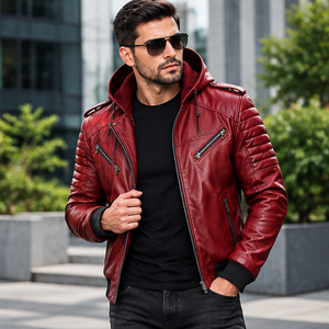 Chaqueta de Moto con Capucha para Hombre, de Cuero PU Rojo, Corte Ajustado, Transpirable, de Secado Rápido, Forro de Lana, Cierre de Cremallera, Estilo Urbano - Product Image 6