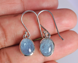S925 Sterling Silver Aquamarine Lapis Lazuli Gemstone Drop <b>Earrings</b> Bezel Set Oval Minimalist Women's Everyday Wear Fine Jewelry - Product Image 4