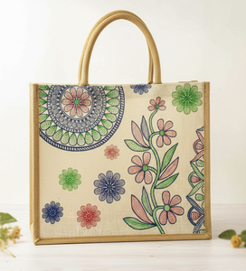 กระเป๋าโท้ทผ้าปอกระเจาคุณภาพดีที่สุด เป็นมิตรกับสิ่งแวดล้อม ทำจากเส้นใยธรรมชาติ 100% ลายดอกไม้ พับได้ ดีไซน์สวยงาม ใช้ซ้ำได้ พิมพ์โลโก้ตามสั่ง - Product Image 1