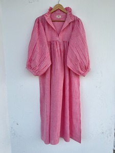 Vestido Camisero de Algodón con Rayas Rosas y Blancas para Mujer, Manga Corta, Cuello Redondo, Holgado, Maxi, Línea A, con Encaje Floral, Vestido de Verano al por Mayor - Product Image 5