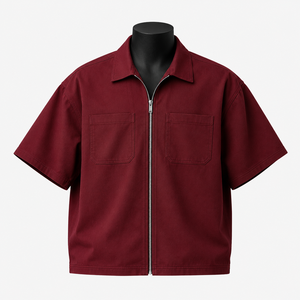 Chemise zippée à manches courtes unie pour homme, en sergé, style workwear, col rabattu, décontractée, pour l'été - Product Image 1