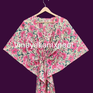 Elegant Floral Print Pink <b>Kaftan</b> Midi V-Neck Long Sleeve Hand-Blocked Artisanal Eco-Friendly Breathable High Waist <b>Summer</b> - Product Image 6