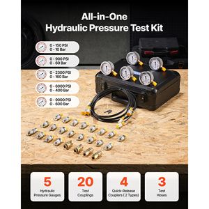 Kit de Prueba de Presión Hidráulica para Construcción, 5 Manómetros, 20 Acoplamientos, 4 Qu, 150/900/2300/6000/9000 PSI (10/60/160/400/600 - Product Image 2