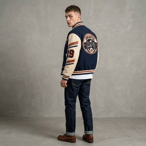 Men's Navy Blue Gray Sleeves <b>Jacket</b> Baseball <b>Letterman</b> <b>Jacket</b> Wool Body Leather Embroidered Design Team Bomber <b>Jacket</b> - Product Image 5
