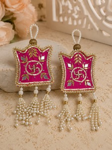 Handmade Pink <b>Fabric</b> <b>Wall</b> Hanging with Swastik Design and Pearl Tassels 2Pcs Traditional Diwali Decorative Accents Bohemian - Product Image 4