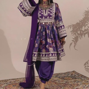 Purple Afghan Embroidered Women Casual Dress Ethnic Boho Maxi Dress Traditional Long Sleeve Outfit - Product Image 3