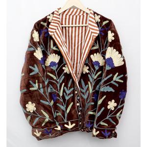 Bohemian Velvet Embroidered Floral <b>Reversible</b> Breathable Jacket Three Quarter Sleeve Button Closure Soft All Seasons Unisex <b>Coat</b> - Product Image 2