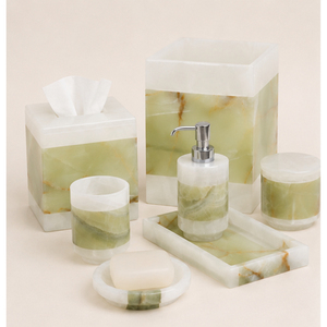 Ensemble d'accessoires de salle de bain en marbre vert naturel, collection moderne en pierre polie pour comptoir, comprenant un distributeur de savon pour hôtel - Product Image 3