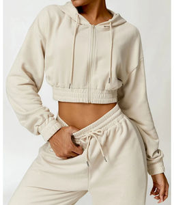 100% Organic Cotton <b>Women's</b> Zip-up Sweatshirt Puff Printing Sports Casual <b>Crop</b> Top Hoodie Embroidered Autumn/Winter Terry Fabric - Product Image 3