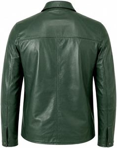 Men's Green Leather <b>Jacket</b> Workwear Style <b>Zipper</b> Closure Turn-down Collar Regular Fit Autumn Wear Solid Color <b>Pockets</b> - Product Image 5
