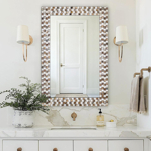Espejo de Pared Rectangular de Mosaico Beige Marrón Hecho a Mano con Marco de Azulejos Geométricos de Vidrio, Elegante Espejo de Baño para un Toque de Lujo - Product Image 1