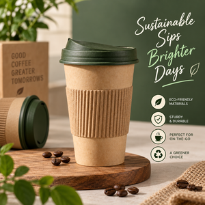 แก้วกาแฟกระดาษคราฟท์รักษ์โลก ดีไซน์ผนังลูกฟูก พร้อมฝาสีเขียว สำหรับเครื่องดื่มร้อน ใช้ซ้ำได้ เป็นมิตรต่อสิ่งแวดล้อม เหมาะสำหรับซื้อกลับบ้าน - Product Image 1