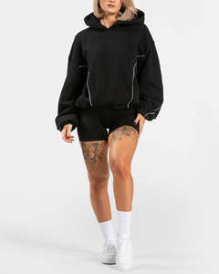 Sweat à capuche noir surdimensionné personnalisé avec logo OEM, en molleton de coton avec passepoil, respirant, pour femme, idéal pour le sport - Product Image 3