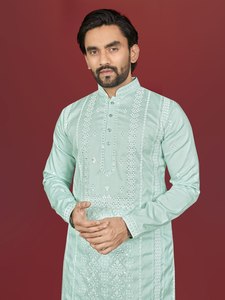 AARIKA TEXTILE Elegant Soft Silk Festive <b>Kurta</b> Silver Sequins Embroidery Raymond Cotton Pajama Wedding Traditional <b>Mens</b> Wear - Product Image 1