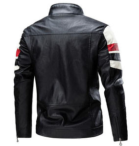 Men's 100% Polyester Windproof Breathable Motorcycle Jacket Stand Collar Patchwork Design <b>Covered</b> <b>Button</b> Closure Slim Fit Moto - Product Image 2