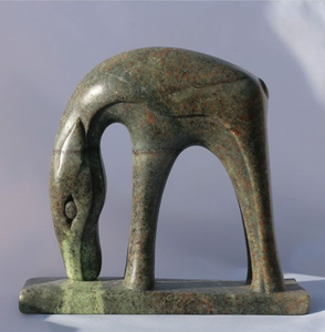 Abstract arching green soapstone animal figurine,arched neck and standing on a matching rectangular <b>stone</b> base, at wholesale. - Product Image 1