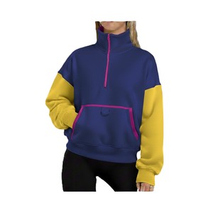 Heavyweight Fleece Color <b>Block</b> Quarter Zip Pullover Private Label Custom Embroidery Stand Collar Sweatshirts Women's Hoodies OEM - Product Image 3