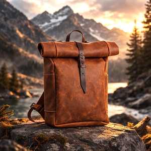 Slate Grey Leather <b>Roll</b> Top <b>Backpack</b> Unique Color Rucksack For Modern Professionals Travel Daypack LRTB-0175 - Product Image 5
