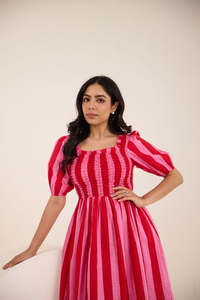 Robe midi en coton rayée rose, col carré, manches bouffantes, coupe trapèze, tenue décontractée d'été, tissu tissé respirant - Product Image 4